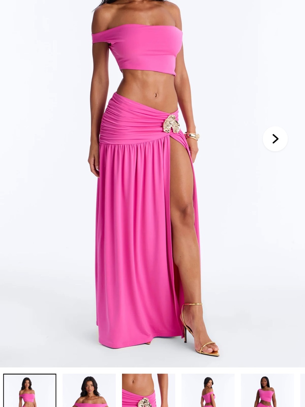 Off-Shoulder Fuchsia Ruched Maxi Skirt with High Slit